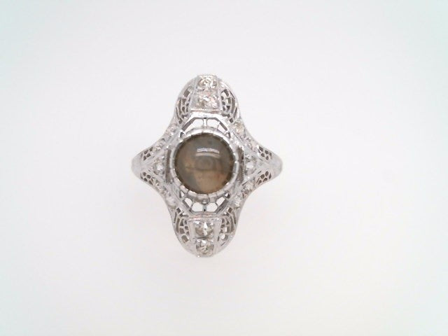Vintage 18 Karat White Gold Cats Eye Chrysoberyl & Diamond Filigree Ring