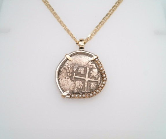 14 Karat Yellow Gold & Sterling Silver 2 Reales Spanish Coin Pendant With Seed Pearls