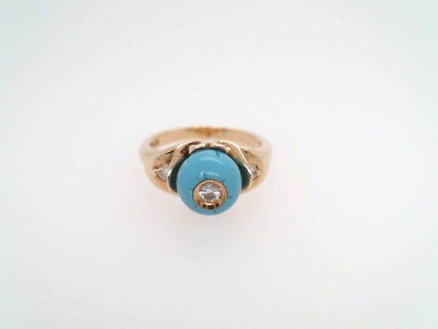 Vintage 14 Karat Yellow Gold 8 Mm Carved Turquoise & Diamond Ring