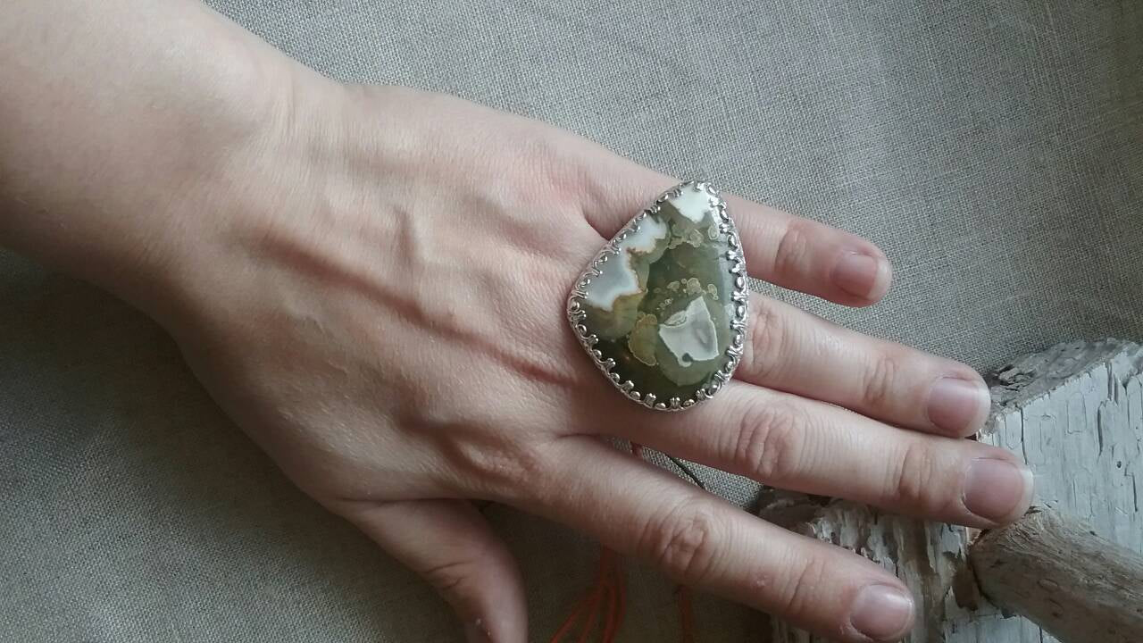 Sterling Silver Triangular "Rainforest" Jasper Cab Statement Ring