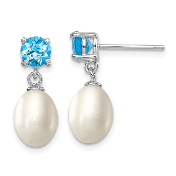 Sterling Silver White Freshwater Cultured Pearl And Blue Topaz Drop Earrings