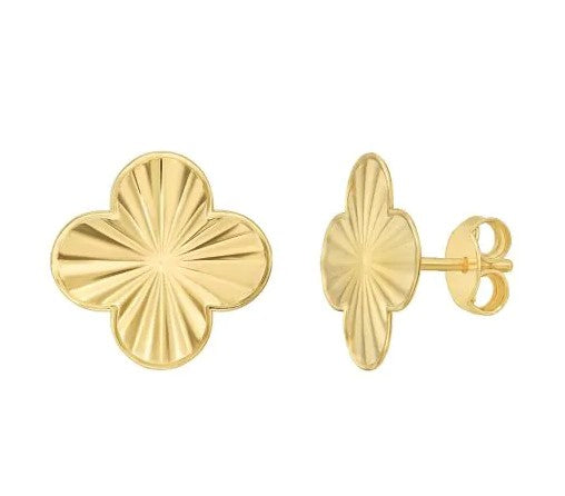 14 Karat Yellow Gold Diamond Cut 14.5 Mm Quatrefoil Clover Stud Earrings