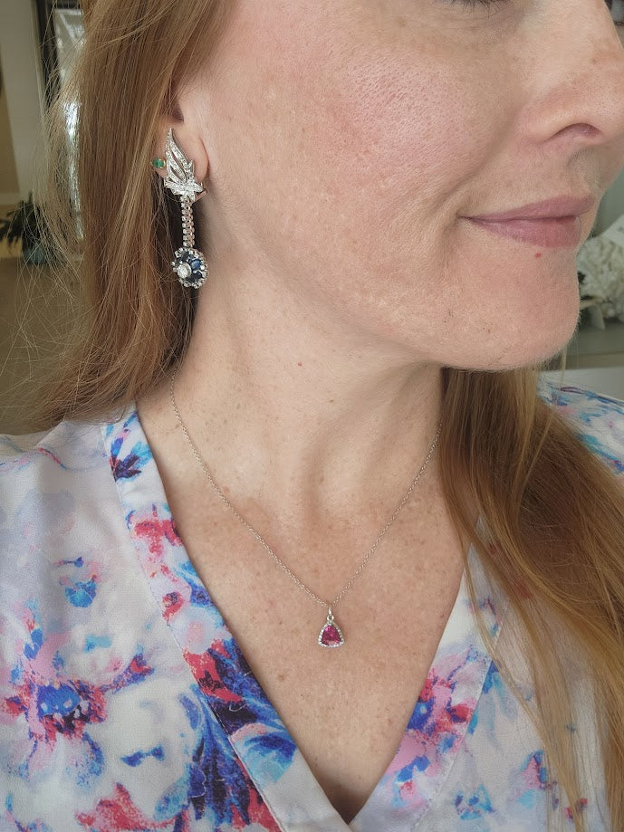 Vintage Retro Platinum Blue Sapphire & Diamond Dangle Earrings