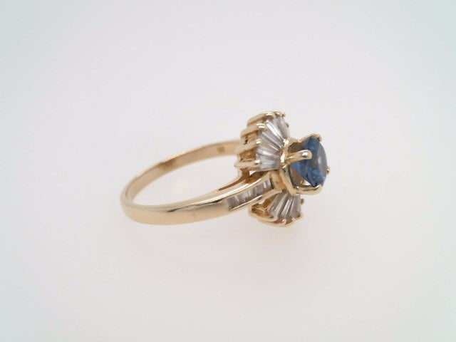 Vintage 14 Karat Yellow Gold Blue Sapphire & Baguette Diamond "Starburst" Cocktail Style Ring