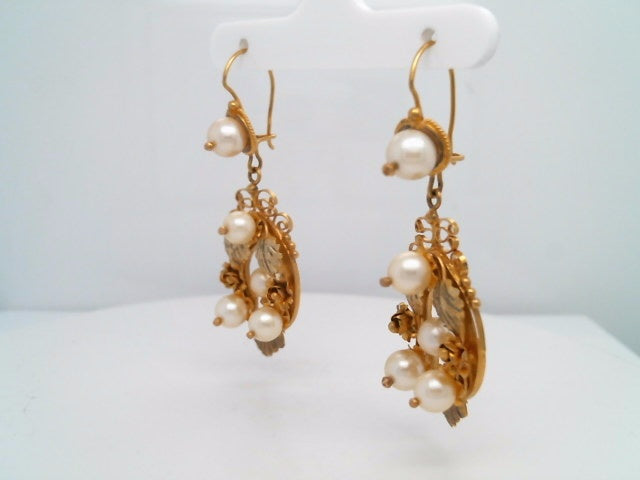 Vintage 14 Karat Yellow Gold Pearl Earrings With Flowers, Leaves & Scroliing Filgree Design