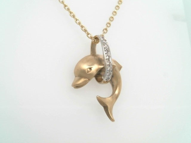 Vintage 14 Karat Yellow Gold Dolphin Jumping Thorugh A Diamond Hoop Pendant With Brushed Finish