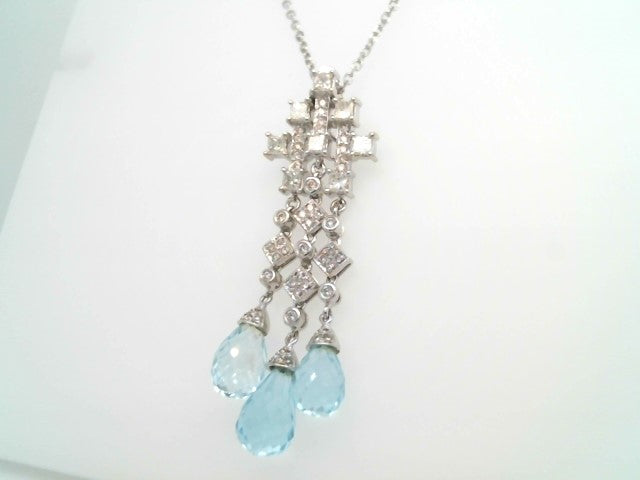 Vintage 14 Kart White Gold Blue Topaz Briolette & Diamond Necklace, 16"