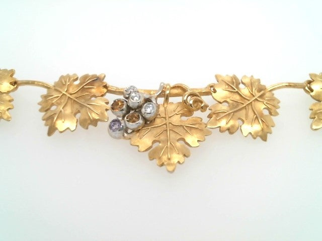 Vintage 18 Karat Yellow Gold Grape Leaf Design Necklace With Cluster Of Grapes Containing Diamonds, Citrine, And Amethyst, 15.75 -17"