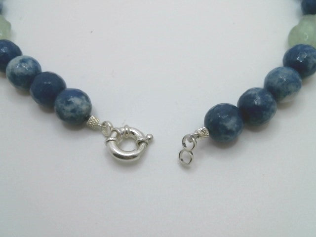 Sterling Silver Carved Fluorite & Faceted Sodalite Bead Necklace 16"