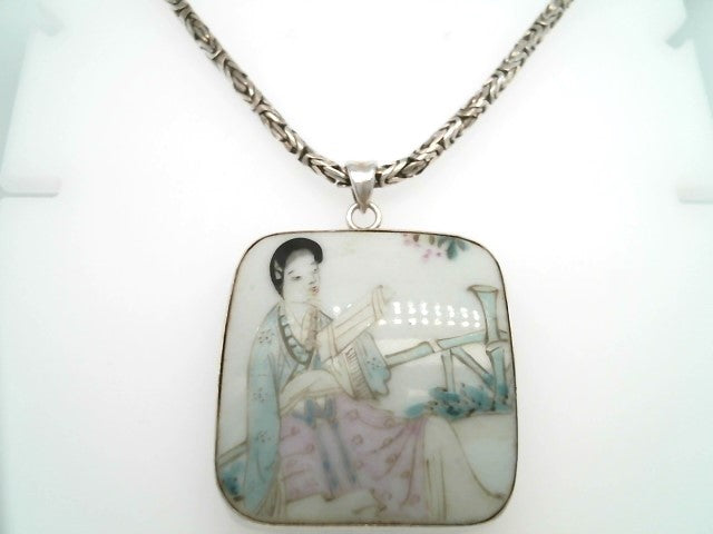 Vintage Sterling Silver Square Handpainted Porcelain Shard With Geisha Scene Bezel Set Pendant On 2.5 Mm Byzantine Link Chain, 18"