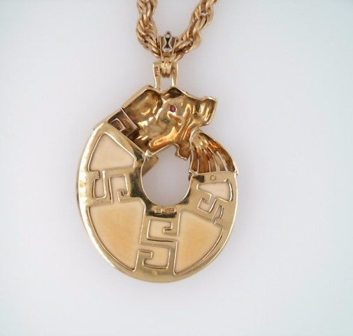 Vintage 18 Karat Yellow Gold "Ouroboros" Snake Pendant/Pearl EnhancerMade Out Of Inlaid Bone And Turquoise With Ruby Eye.