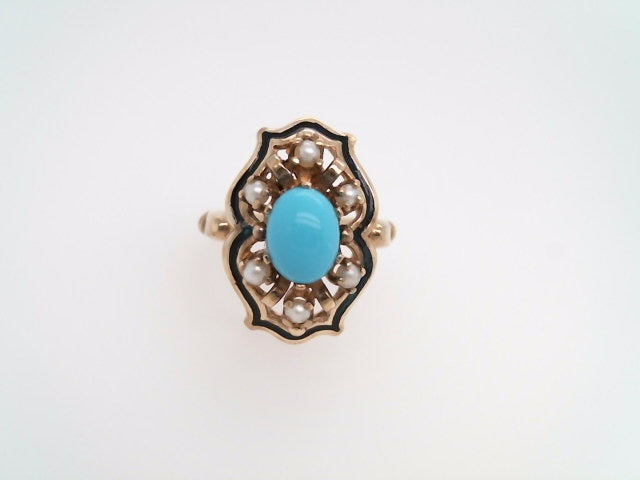 Vintage 10 Karat Yellow Gold Turquoise, Pearl & Black Enamel Ring
