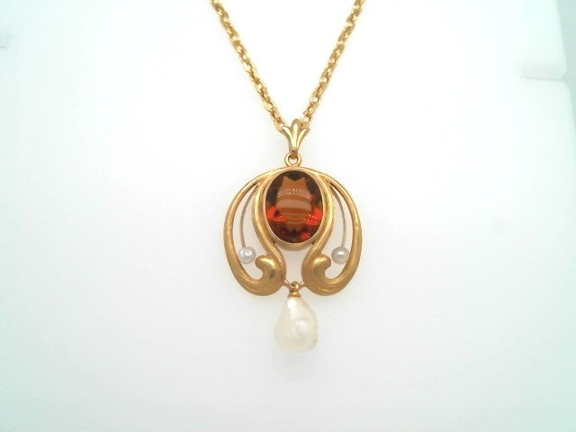 Antique 14 Karat Yellow Gold Art Nouveau Madeira Citrine & Pearl Lavalier Style Pendant