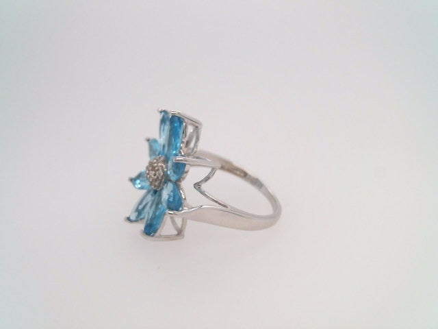 Vintage 14 Karat White Gold Sky Blue Topaz & Diamond Flower Ring