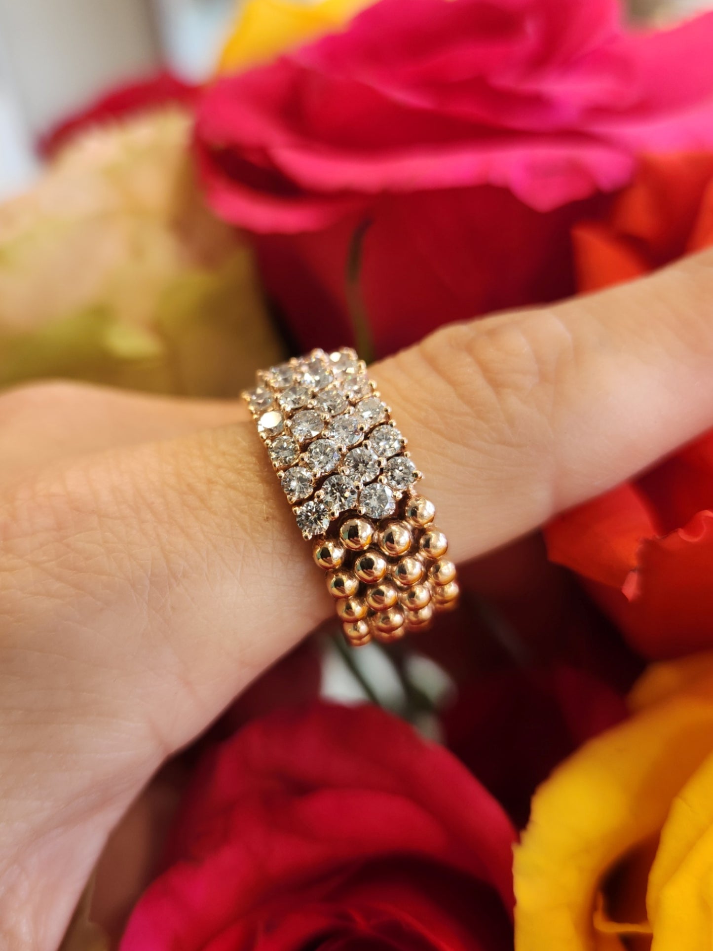 Online Sale * Vintage 18K Rose Gold 4 row Diamond Flexible Band Size 6.5
