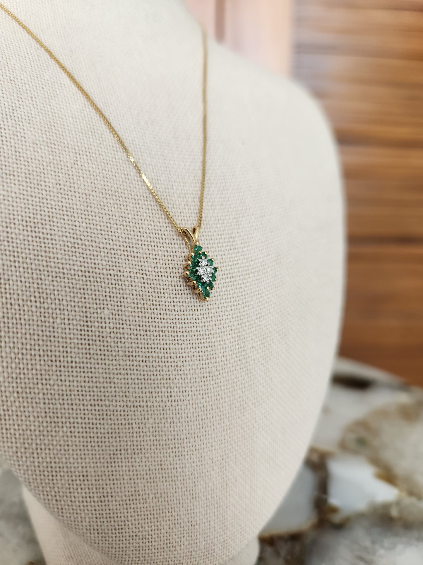 Vintage 14 Karat Yellow Gold Diamond Shaped Emerald & Diamond Cluster Pendant