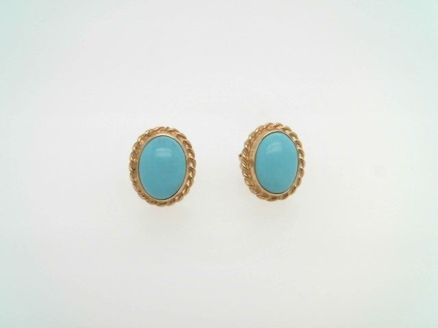 Vintage 14 Karat Yellow Gold Oval Turquoise Rope Edge Stud Earrings