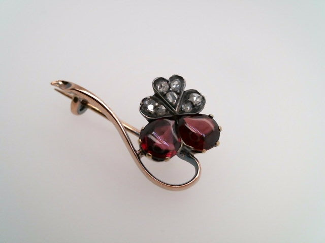 Antique Victorian 14 Karat Yellow Gold & Sterlilng Silver Carbuncle Cut Cabochon Garnet & Rose Cut Diamond Pin