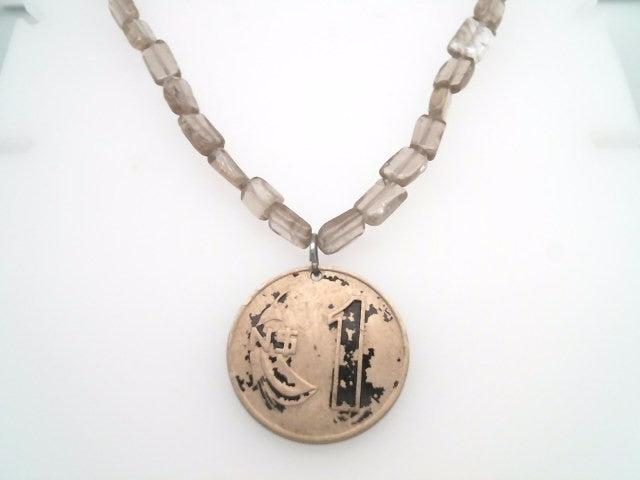 Handmade Sterling Silver Smokey Quartz Bead Necklace With Uruguay Coin Dated 1980, 18"