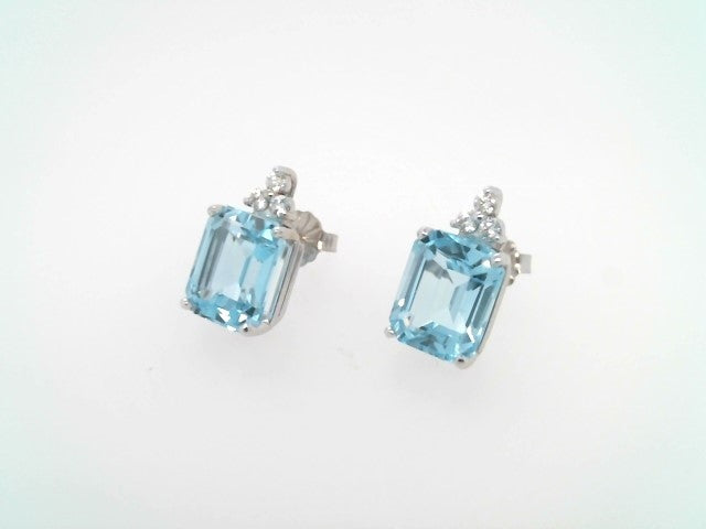 14 Karat White Gold Emerald Cut Blue Topaz & Diamond Stud Earrings