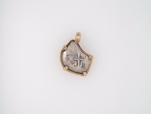 Sterling Silver Phillip V 2 Reales Coin Set In Prong Set In 14 Karat Yellow Gold Bezel Pendant