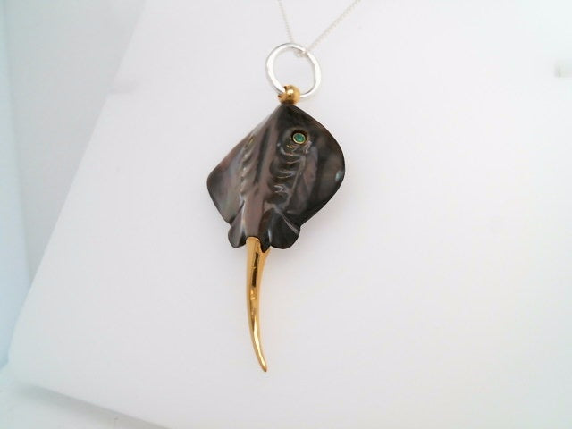 Sterling Silver With 22 Karat Gold Vermeil Carved Mother Of Pearl Stingray With 2 Emerald Eyes 18 " Chain Included