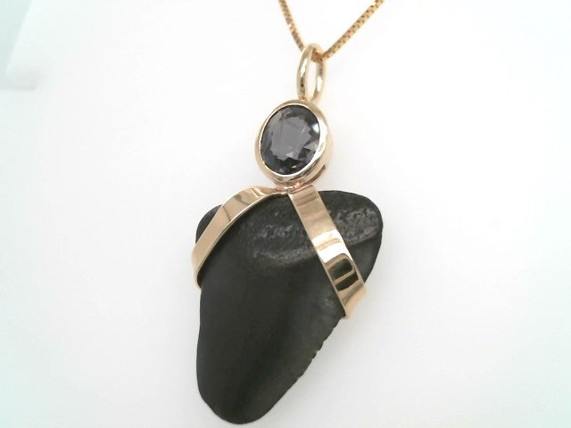 14 Karat Yellow Gold Small Florida Megalodon Shark's Tooth & Grey Spinel Amulet Pendant