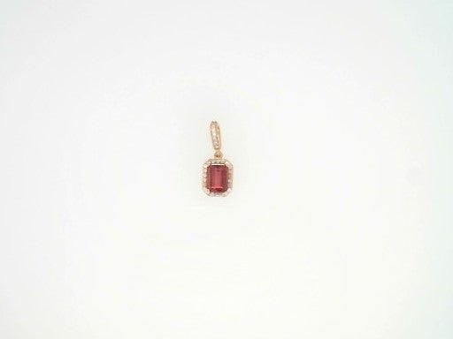 14 Karat Yellow Gold Emerald Cut Pink Tourmaline Pendant With Diamond Halo