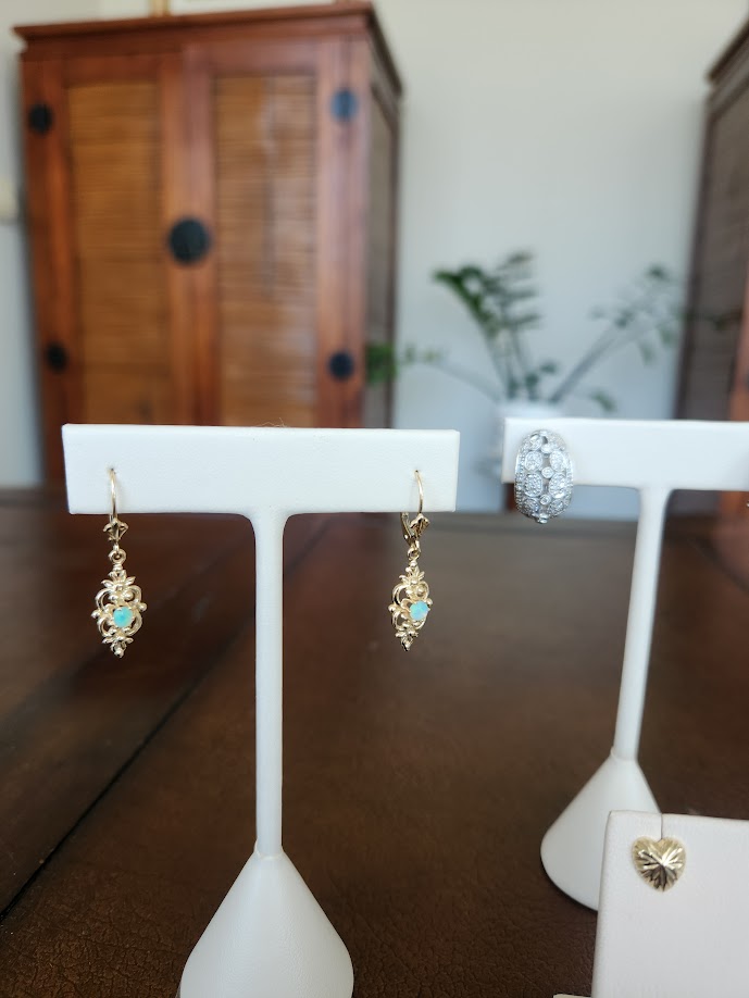 Vintage 14 Karat Yellow Gold Floral Motif Opal Dangle Earrings With Leverbacks