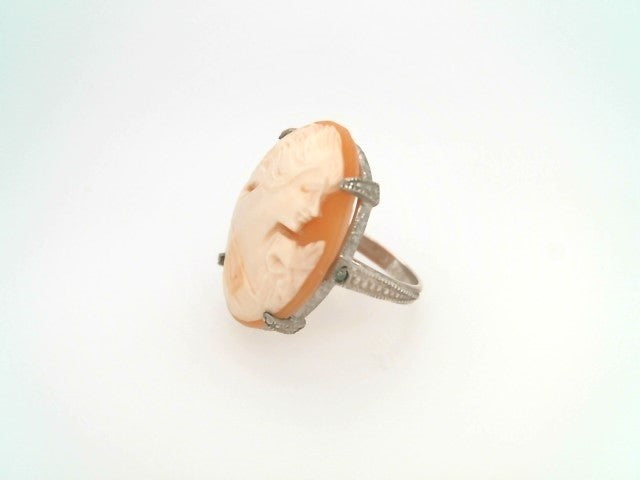 Vintage Sterling Silver Carved Seashell Cameo Ring With Milgrgrain & Engraved Flower Detail