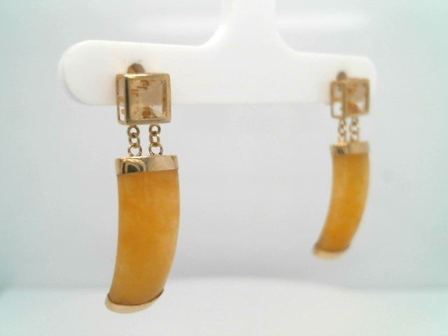 Vintage 14 Karat Yellow Gold Citrine & Yellow Jade Dangle Earrings