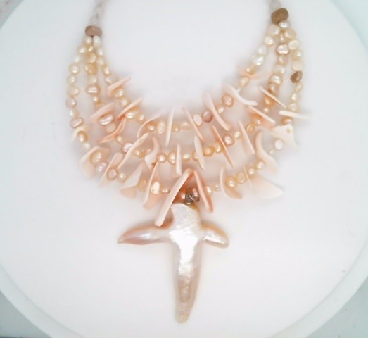 Sterling Silver Shell, Rose Quartz, & Freshwater Pearl 3-Strand Necklace 17"