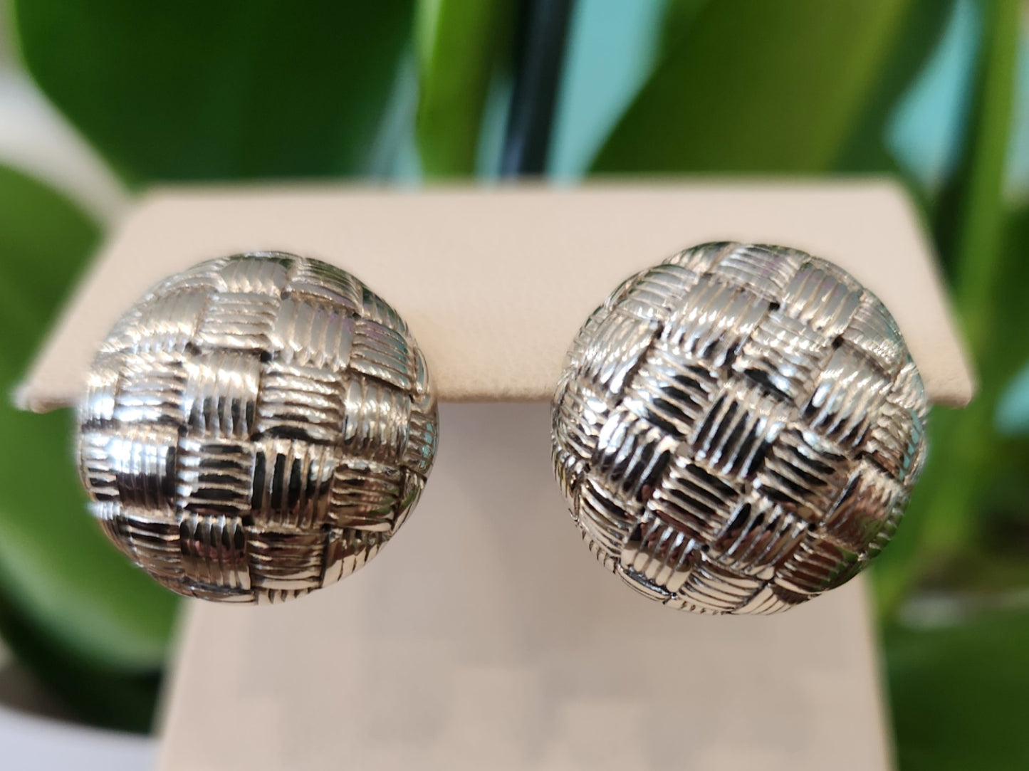 Sterling Silver 19 Mm Basketweave Texture Round Post Earrings With Omega Backs