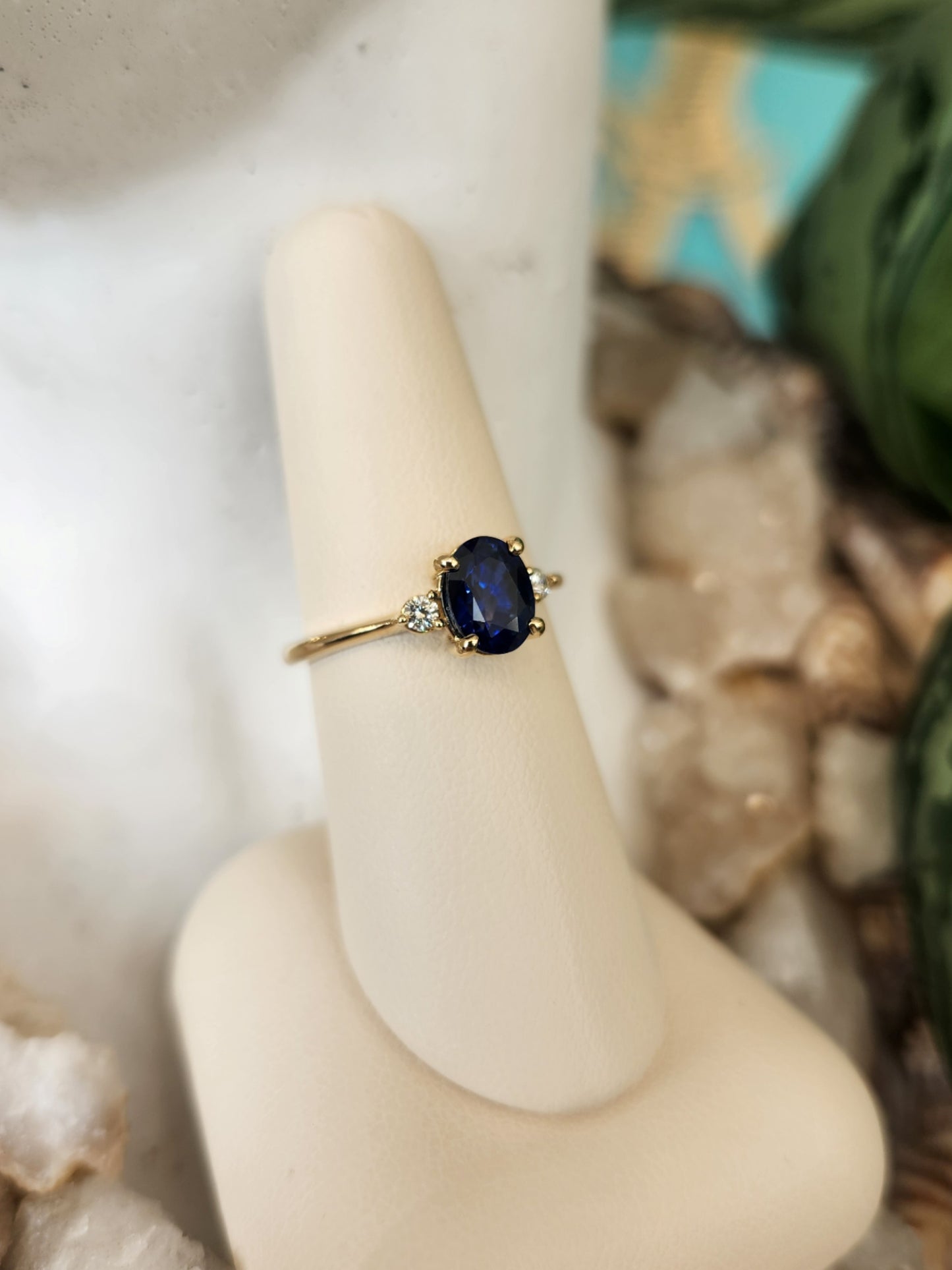 14 Karat Yellow Gold Blue Sapphire & Diamond 3 Stone Ring