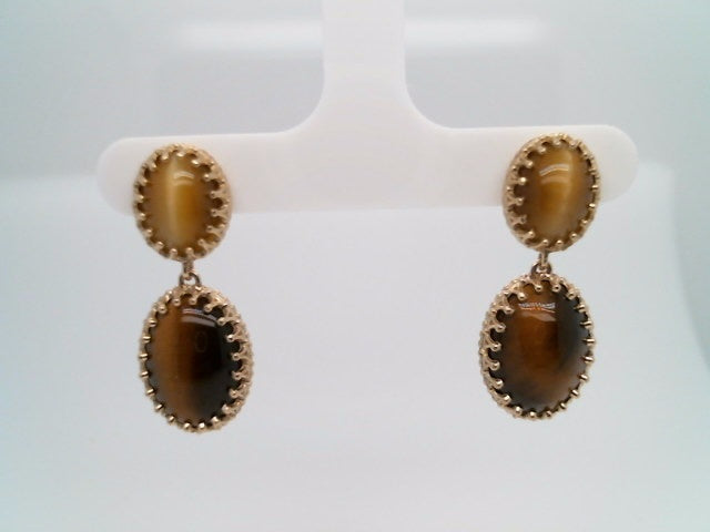 14 Karat Yellow Gold 2 Tier Oval Tiger's Eye Dangle Earrings