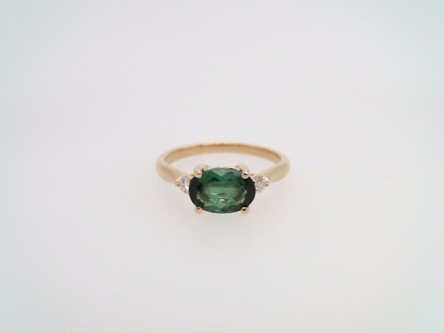 14 Karat Yellow Gold Green Tourmaline & Diamond East/West Style Ring
