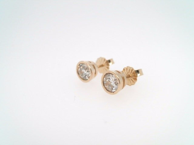 Vintage 14 Karat Yellow Gold Bezel Set Round Brilliant Diamond Stud Earrings