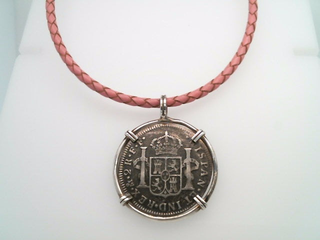 Sterling Silver Carlos III 2 Reales Coin Set In Prong Set Silver Bezel Pendant