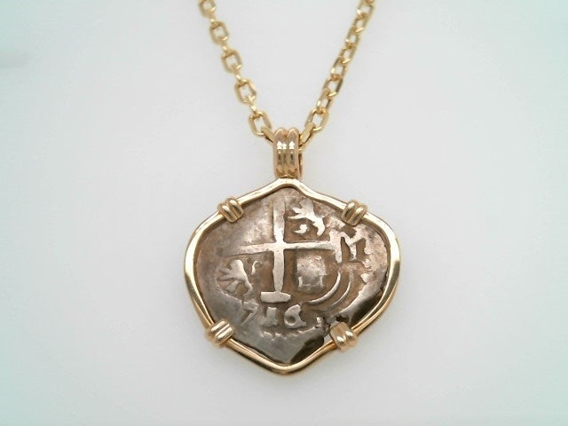 Silver 2 Reale Coin Prong Set In 14 Karat Yellow Gold Bezel Pendant
D