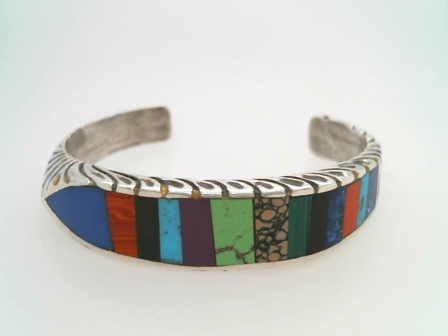 Vintage Handmade Navajo Sterling Silver Multi Gem Inlay Cuff Bracelet