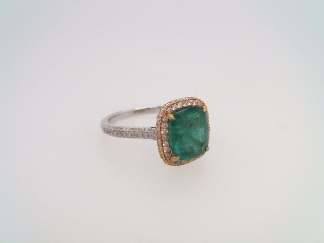 18 Karat White & Yellow Gold Cushion Shaped Emerald With Diamond Accent Halo Style Ring