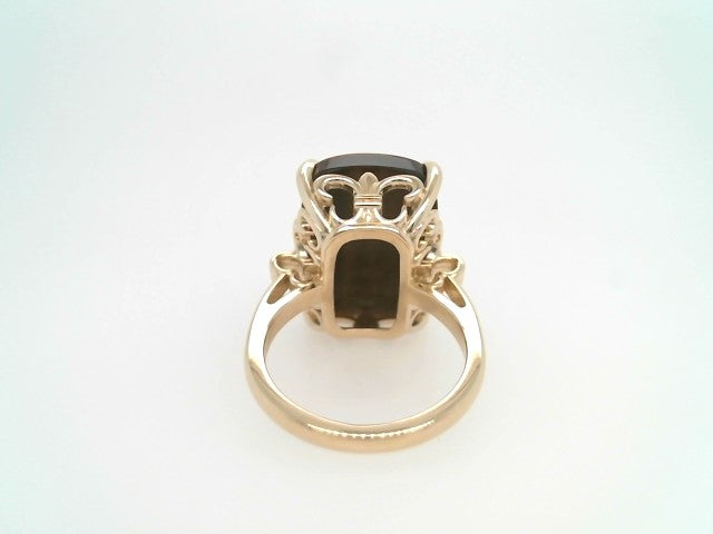 14 Karat Yellow Gold Cushion Shaped Carved Tiger's Eye Cameo Ring With Fleur De Lis Details