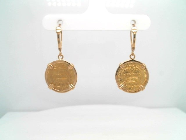 Portuguese Gold 400 Reis Coin Dangle Earrings Prong Set In 14 Karat Yellow Gold Bezel
