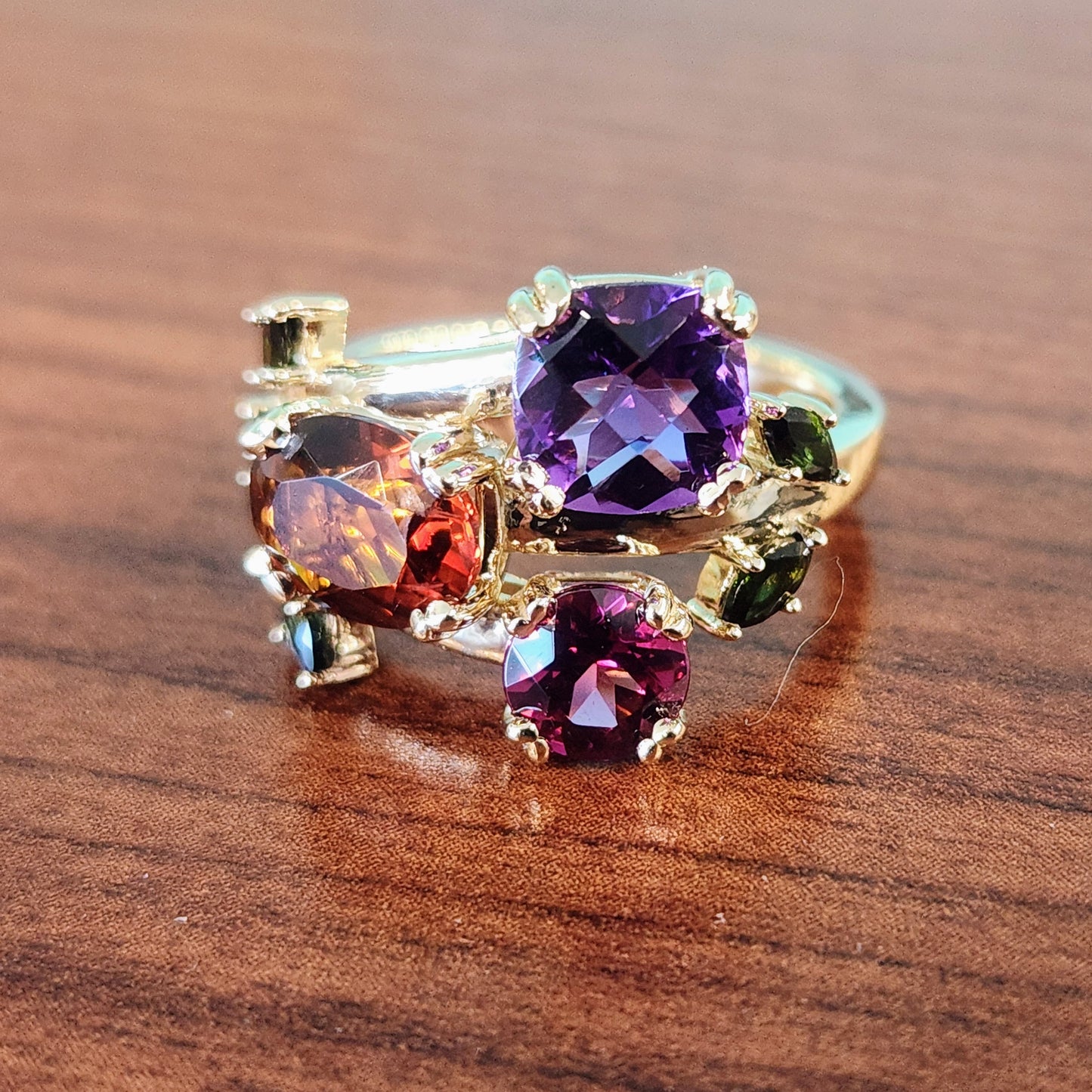 14 Karat Yellow Gold Garnet, Tourmaline, Amethyst & Citirine Floral Bypass Style Ring