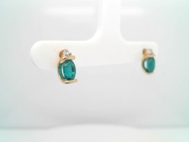 Vintage 14 Karat Yellow Gold Lab Grown Emerald Earrings With Diamond Accents