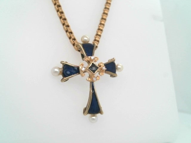 Vintage 14 Karat Yellow Gold Blue Enamel, Sapphire, Diamond & Pearl Cross Pendant
