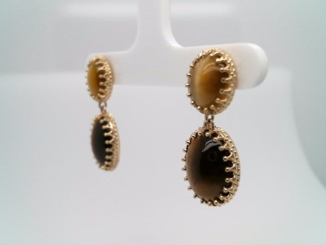 14 Karat Yellow Gold 2 Tier Oval Tiger's Eye Dangle Earrings