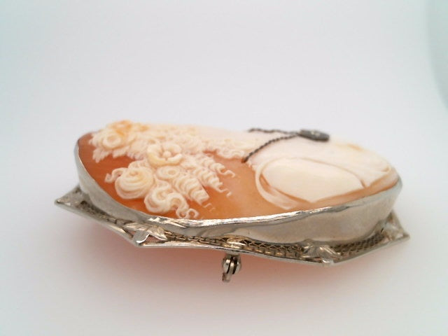 Vintage 14 Karat White Gold Filigree Cameo Pin/Pendant With Diamond Necklace Measuring 58mm X 45mm.
