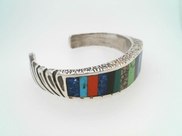 Vintage Handmade Navajo Sterling Silver Multi Gem Inlay Cuff Bracelet