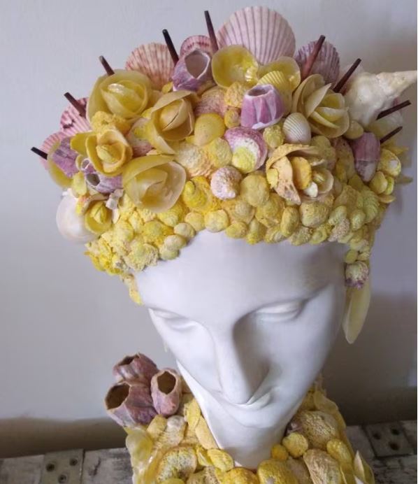 Shell Incrusted Bust Statue With Hand Picked Florida Sea Shells & Barn
